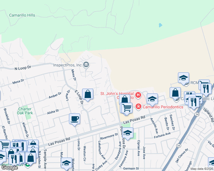 map of restaurants, bars, coffee shops, grocery stores, and more near 2713 Antonio Drive in Camarillo