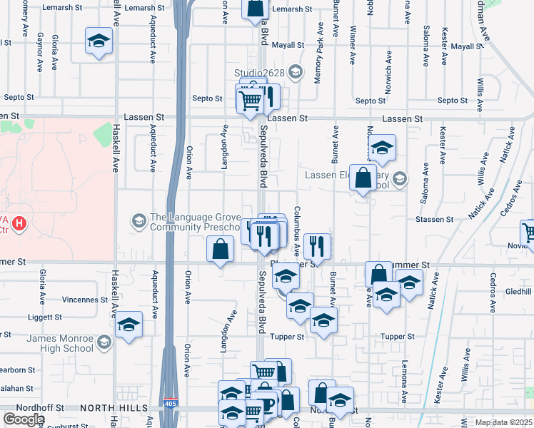 map of restaurants, bars, coffee shops, grocery stores, and more near 9620 Sepulveda Boulevard in Los Angeles