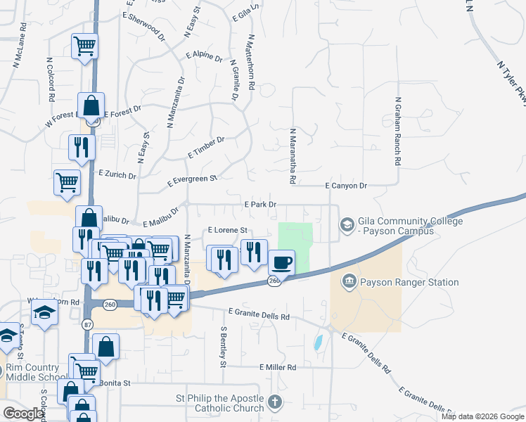 map of restaurants, bars, coffee shops, grocery stores, and more near 705 East Park Drive in Payson