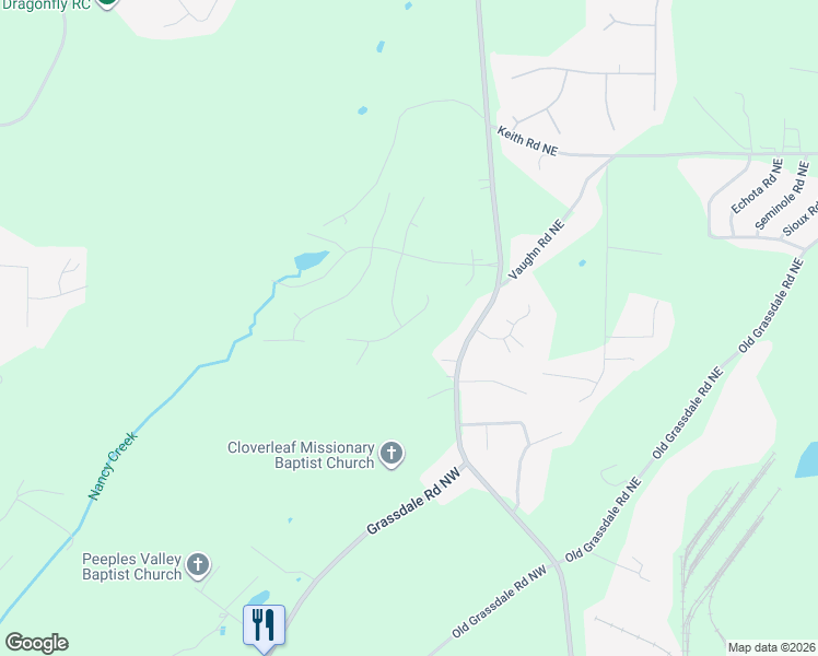 map of restaurants, bars, coffee shops, grocery stores, and more near 23 Ridgeline Way in Cartersville