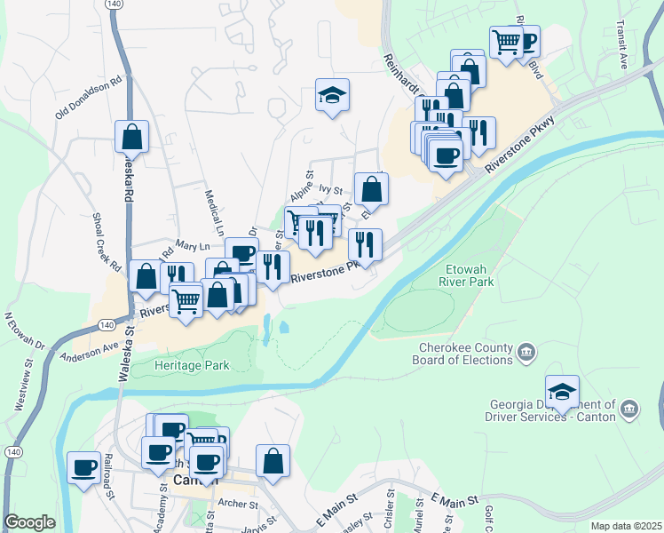map of restaurants, bars, coffee shops, grocery stores, and more near 535 Ball Ground Highway in Canton
