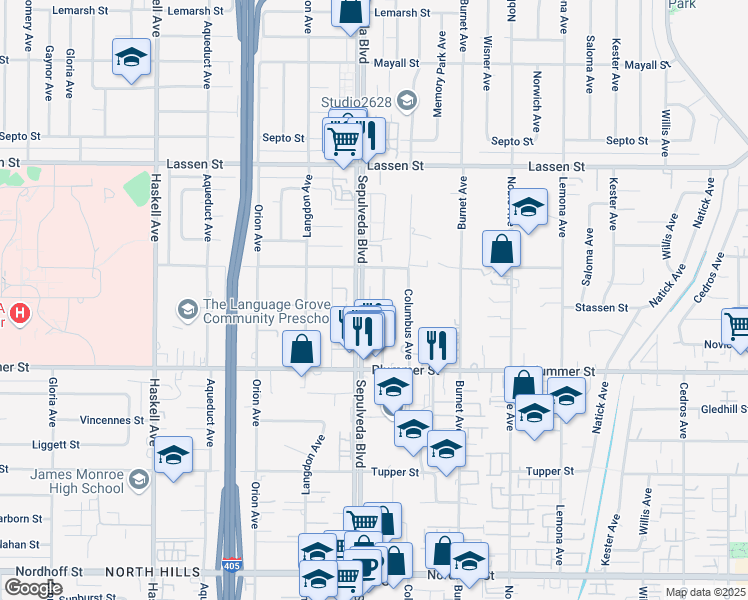 map of restaurants, bars, coffee shops, grocery stores, and more near 9620 Sepulveda Boulevard in Los Angeles
