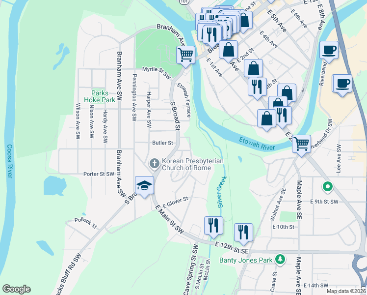 map of restaurants, bars, coffee shops, grocery stores, and more near 509 South Broad Street Southwest in Rome
