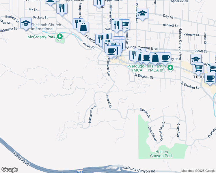 map of restaurants, bars, coffee shops, grocery stores, and more near 9657 Hillhaven Avenue in Los Angeles