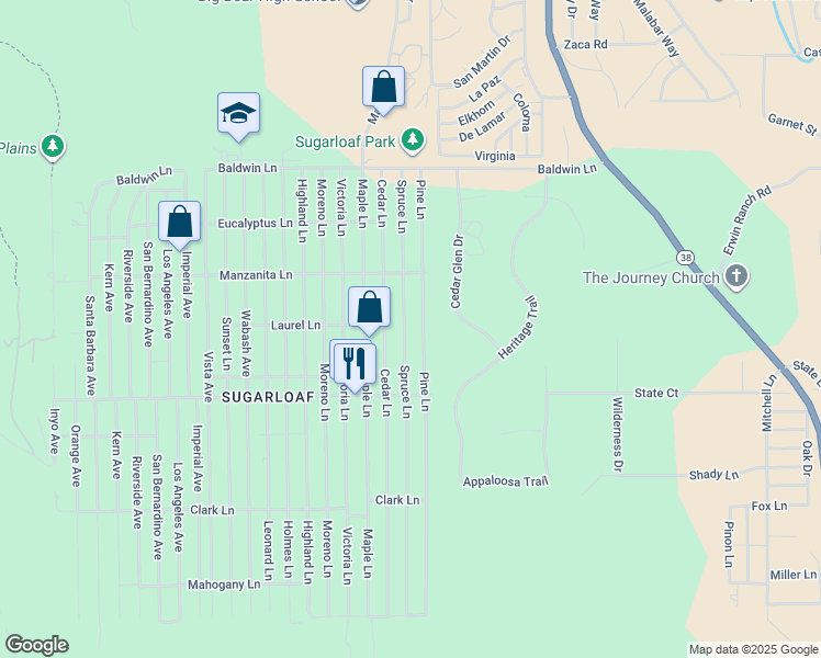 map of restaurants, bars, coffee shops, grocery stores, and more near 389 Spruce Lane in Big Bear
