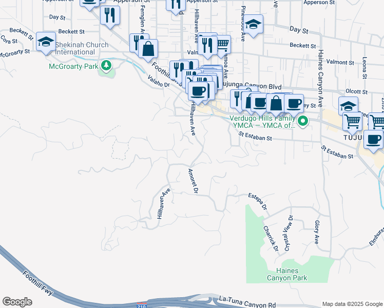 map of restaurants, bars, coffee shops, grocery stores, and more near 9631 Oak Bend Drive in Los Angeles