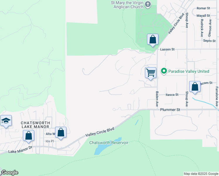 map of restaurants, bars, coffee shops, grocery stores, and more near 9555 Andora Avenue in Los Angeles