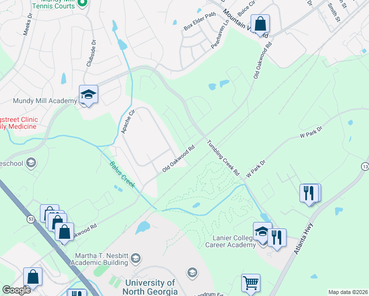 map of restaurants, bars, coffee shops, grocery stores, and more near 3100 Old Oakwood Road in Oakwood