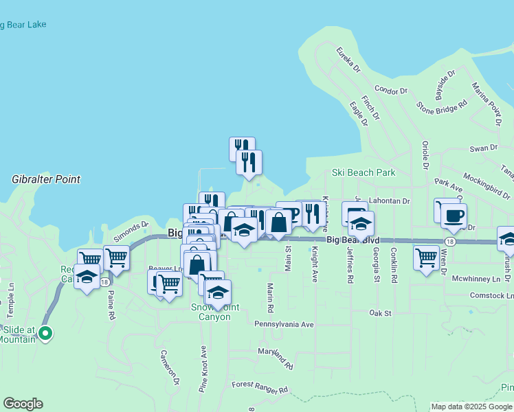 map of restaurants, bars, coffee shops, grocery stores, and more near 2 Bear Lake Drive in Big Bear Lake