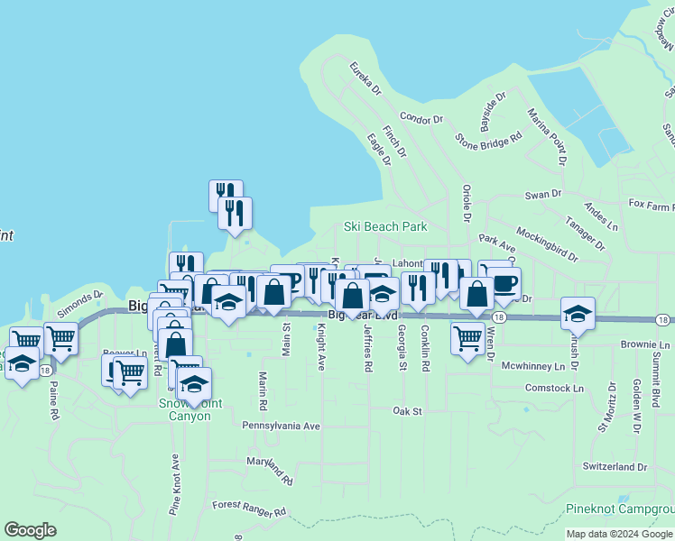 map of restaurants, bars, coffee shops, grocery stores, and more near 401 Knight Avenue in Big Bear Lake