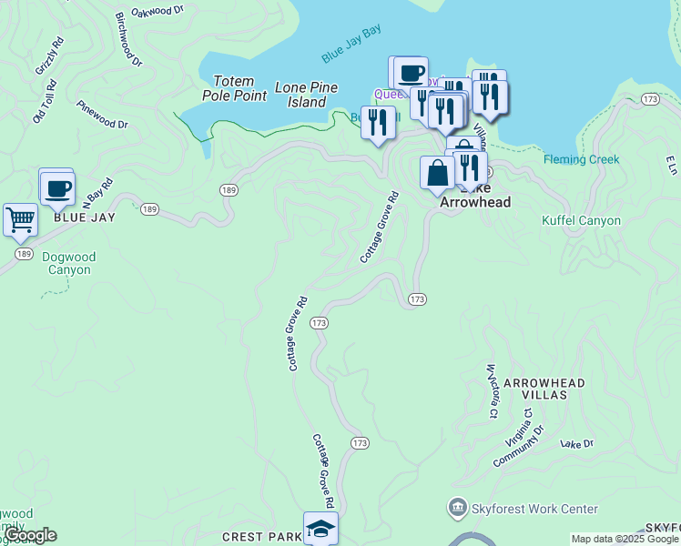 map of restaurants, bars, coffee shops, grocery stores, and more near 27875 Rainbow Drive in Highland