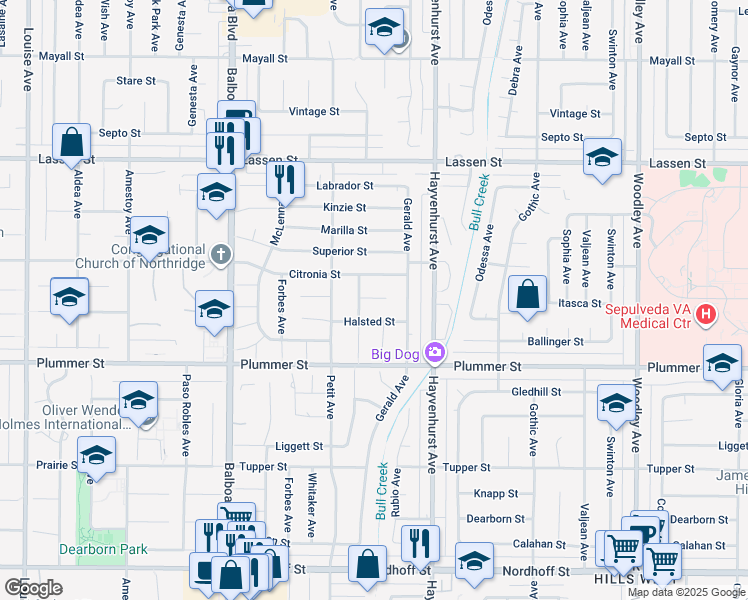 map of restaurants, bars, coffee shops, grocery stores, and more near 9605 Ruffner Avenue in Los Angeles