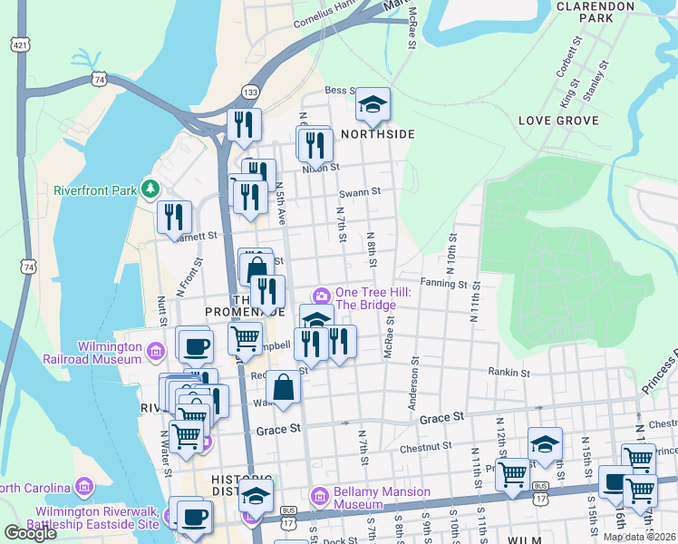 map of restaurants, bars, coffee shops, grocery stores, and more near 802 North 7th Street in Wilmington