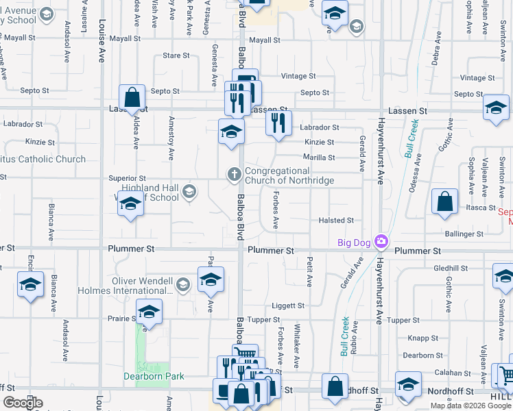 map of restaurants, bars, coffee shops, grocery stores, and more near 16931 Itasca Street in Los Angeles