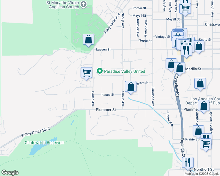 map of restaurants, bars, coffee shops, grocery stores, and more near 9617 Sagebrush Avenue in Los Angeles