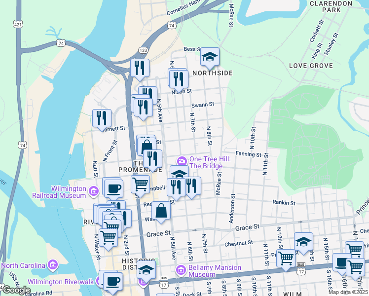 map of restaurants, bars, coffee shops, grocery stores, and more near 810 North 6th Street in Wilmington