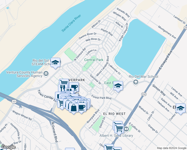 map of restaurants, bars, coffee shops, grocery stores, and more near 527 Garonne Street in Oxnard