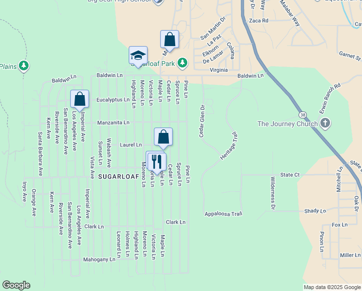 map of restaurants, bars, coffee shops, grocery stores, and more near 389 Spruce Lane in Big Bear