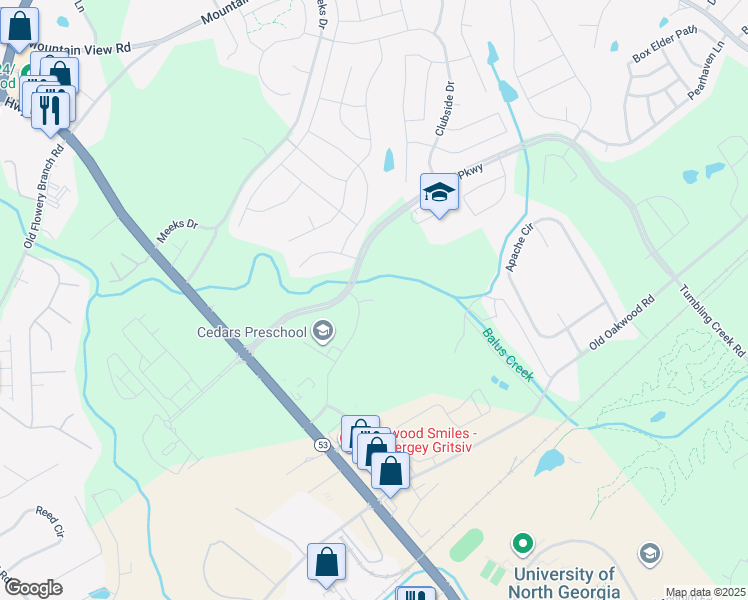 map of restaurants, bars, coffee shops, grocery stores, and more near 4104 Continental Drive in Oakwood