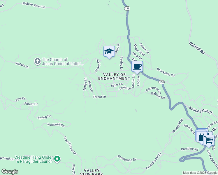 map of restaurants, bars, coffee shops, grocery stores, and more near 22815 Alder Lane in Crestline