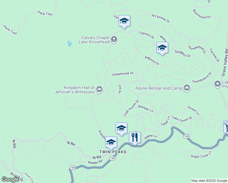 map of restaurants, bars, coffee shops, grocery stores, and more near Cedarbrook Drive in Twin Peaks