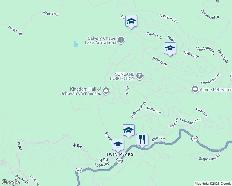 map of restaurants, bars, coffee shops, grocery stores, and more near 453 Oriole Drive in Twin Peaks