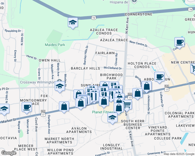 map of restaurants, bars, coffee shops, grocery stores, and more near 318 Saint Rosea Road in Wilmington