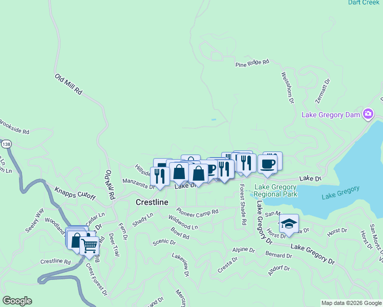 map of restaurants, bars, coffee shops, grocery stores, and more near 23881 Zurich Drive in Crestline