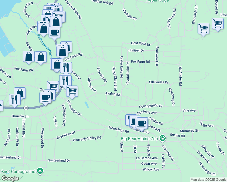map of restaurants, bars, coffee shops, grocery stores, and more near 390 Santa Clara Boulevard in Big Bear Lake