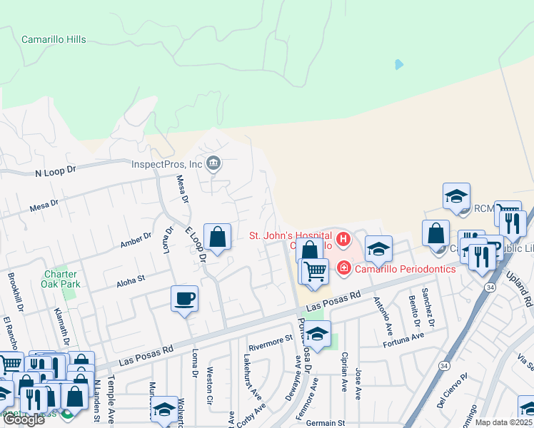 map of restaurants, bars, coffee shops, grocery stores, and more near 2713 Antonio Drive in Camarillo