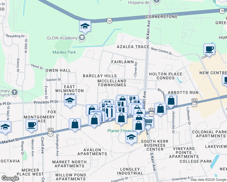 map of restaurants, bars, coffee shops, grocery stores, and more near 318 Saint Rosea Road in Wilmington