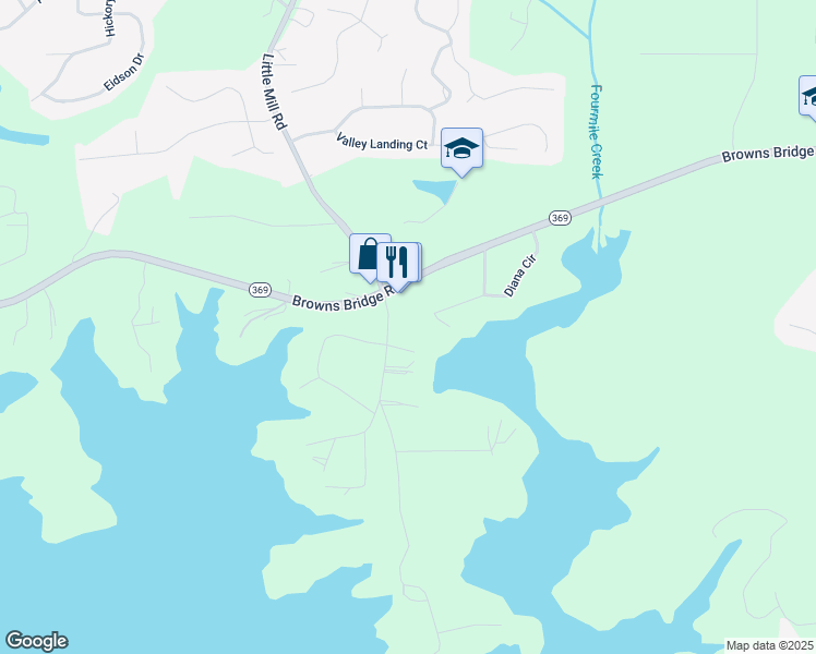 map of restaurants, bars, coffee shops, grocery stores, and more near 6620 Little Mill Road in Gainesville