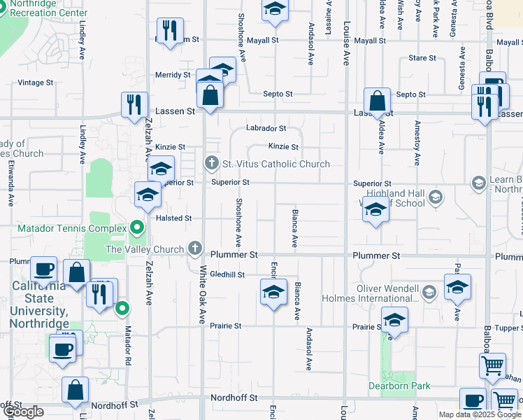 map of restaurants, bars, coffee shops, grocery stores, and more near 9612 Texhoma Avenue in Los Angeles
