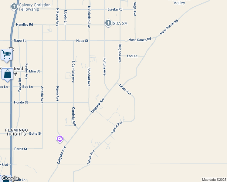 map of restaurants, bars, coffee shops, grocery stores, and more near 423 Delgada Avenue in Yucca Valley