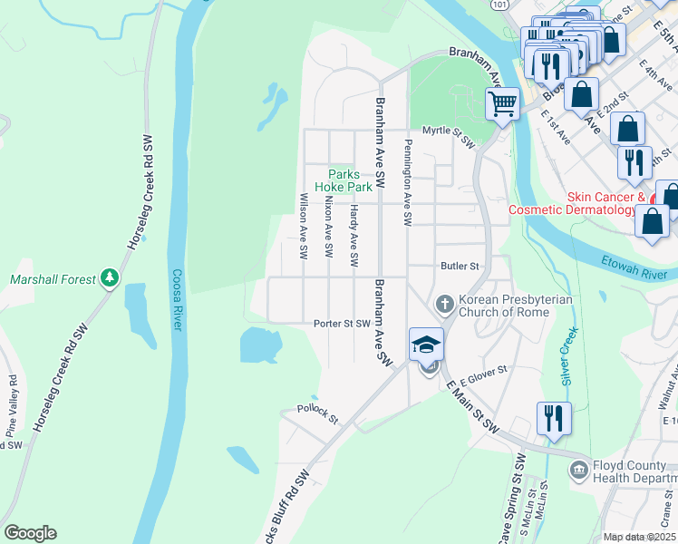 map of restaurants, bars, coffee shops, grocery stores, and more near 206 Grover Street Southwest in Rome