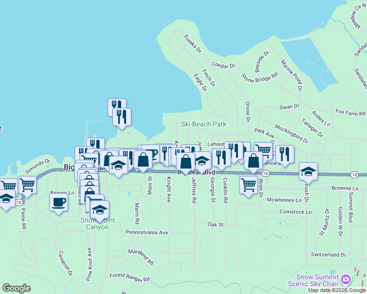 map of restaurants, bars, coffee shops, grocery stores, and more near 41207 Lahontan Drive in Big Bear Lake