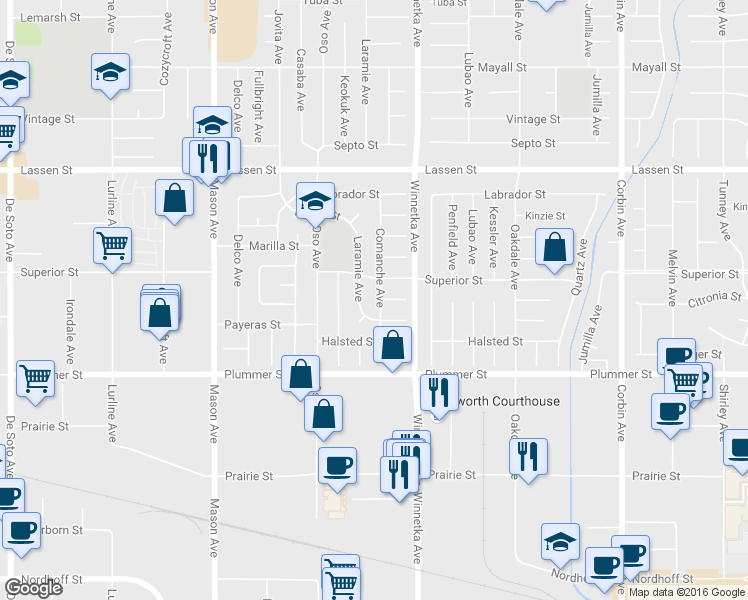 map of restaurants, bars, coffee shops, grocery stores, and more near 9651 Comanche Avenue in Los Angeles