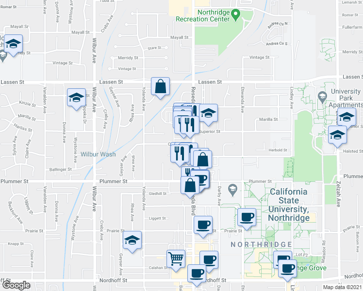 map of restaurants, bars, coffee shops, grocery stores, and more near 18530 Citronia Street in Los Angeles