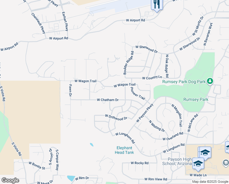 map of restaurants, bars, coffee shops, grocery stores, and more near 1102-1176 W Chatham Dr in Payson