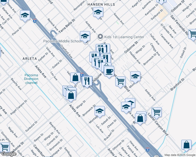 map of restaurants, bars, coffee shops, grocery stores, and more near 9627 Remick Avenue in Arleta