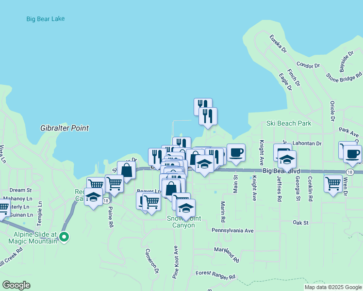 map of restaurants, bars, coffee shops, grocery stores, and more near 400 Pine Knot Avenue in Big Bear Lake