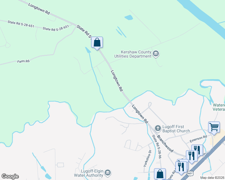 map of restaurants, bars, coffee shops, grocery stores, and more near 183A Longtown Road in Lugoff