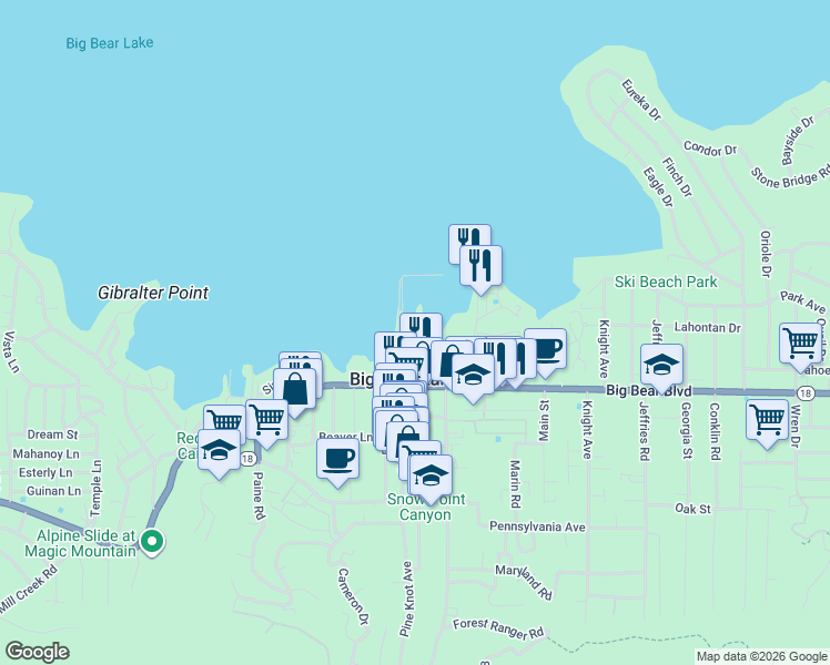map of restaurants, bars, coffee shops, grocery stores, and more near 400 Pine Knot Avenue in Big Bear Lake