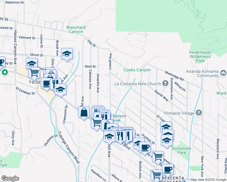 map of restaurants, bars, coffee shops, grocery stores, and more near 4728 Lowell Avenue in Glendale