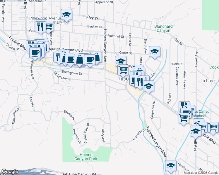 map of restaurants, bars, coffee shops, grocery stores, and more near 9747 Haines Canyon Avenue in Los Angeles