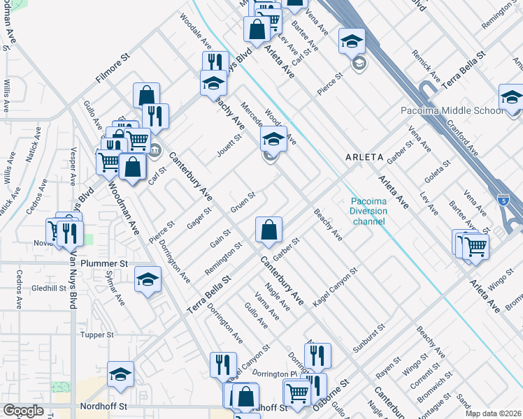 map of restaurants, bars, coffee shops, grocery stores, and more near 14007 Remington Street in Los Angeles