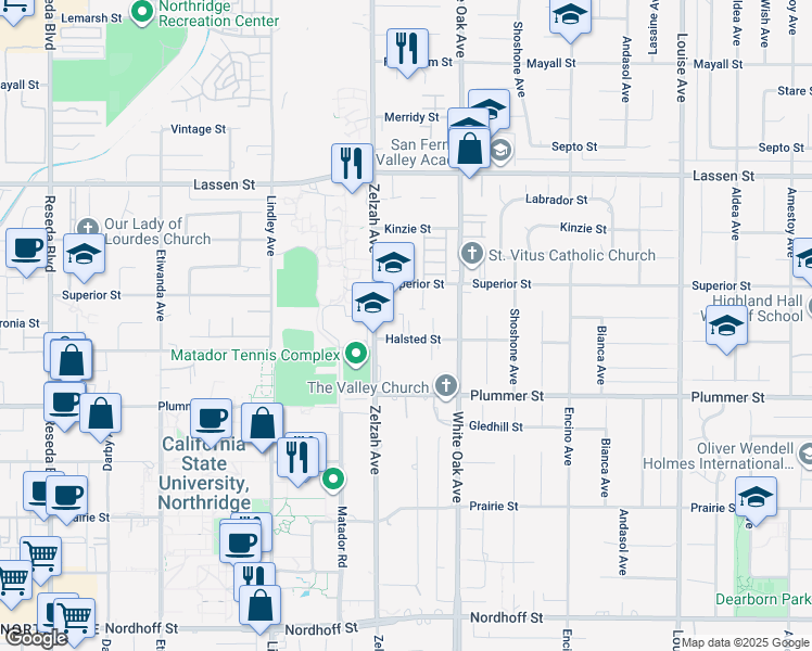 map of restaurants, bars, coffee shops, grocery stores, and more near 17829 Halsted Street in Los Angeles