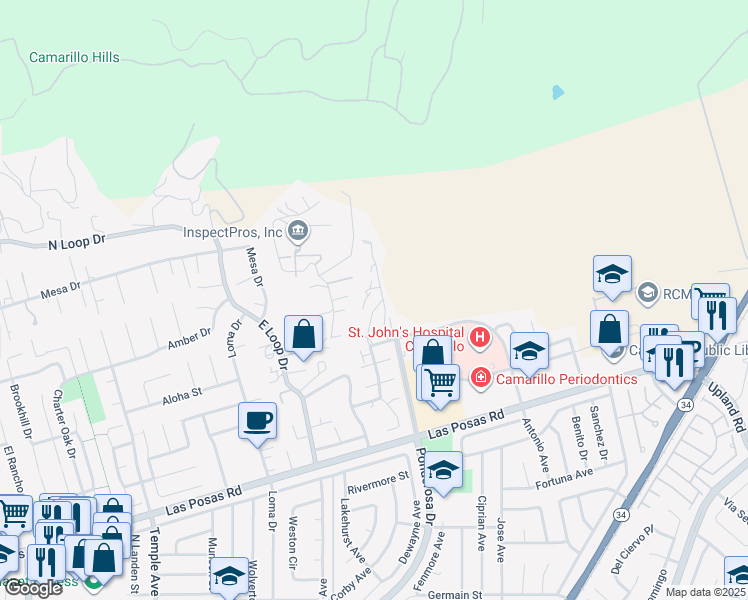 map of restaurants, bars, coffee shops, grocery stores, and more near 2713 Antonio Drive in Camarillo
