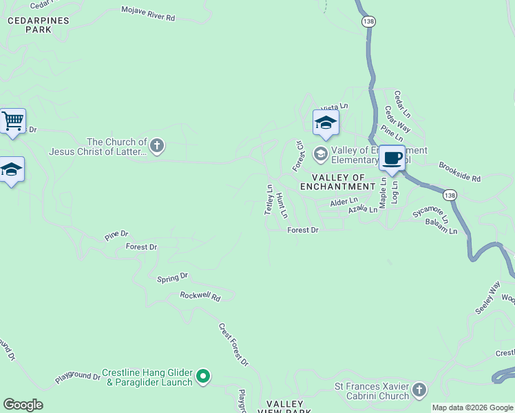 map of restaurants, bars, coffee shops, grocery stores, and more near 445 Shingle Mill Creek Road in Crestline