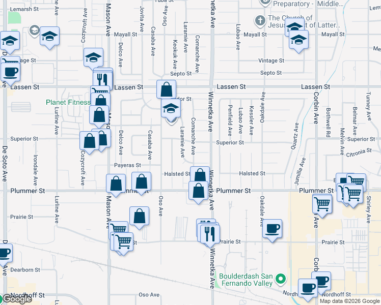 map of restaurants, bars, coffee shops, grocery stores, and more near 9651 Comanche Avenue in Los Angeles